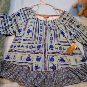 Blue and Green Patterned Blouse